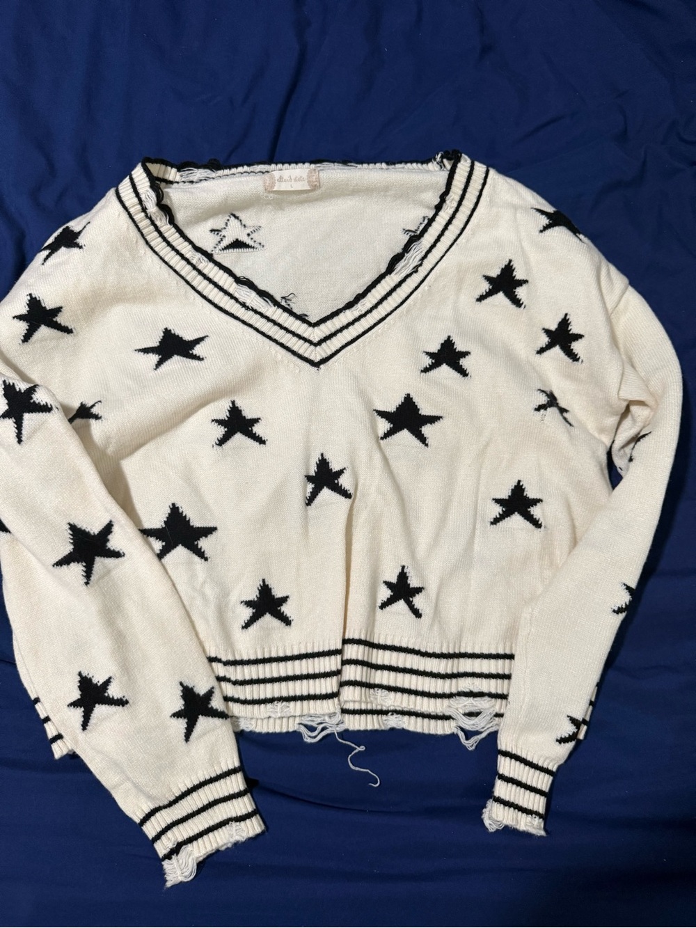 Altar'd State Cream V-Neck Star-Print Sweater with Black Stars